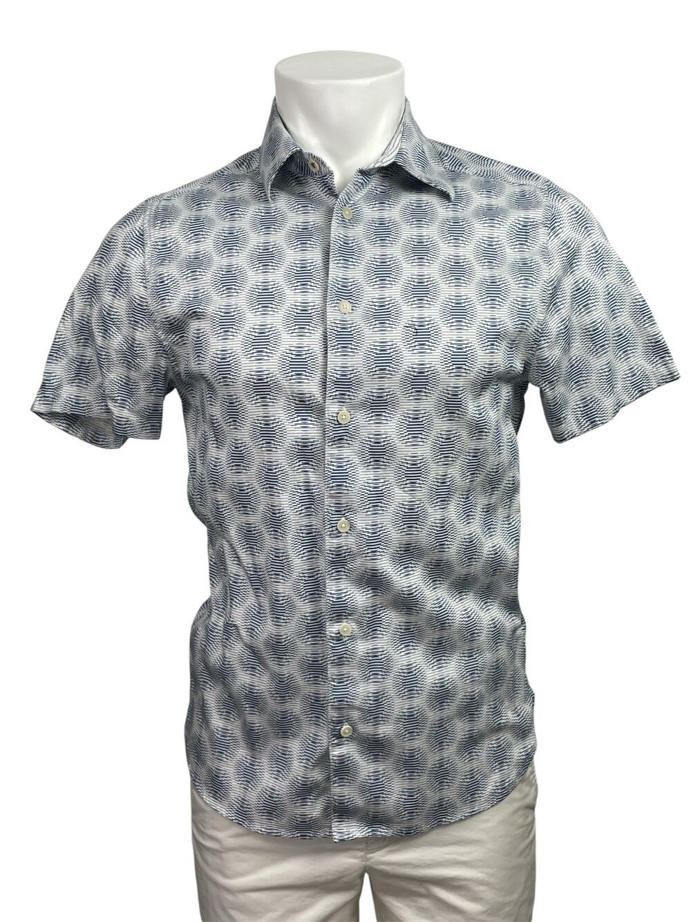 Ted Baker Men's Blue Geometric Slim Fit Short Sleeve Button Down Shirt Top S